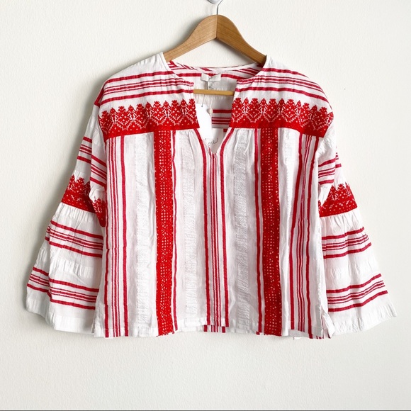 Joie Selba Stripe Bell Sleeve Embroidered Cotton Blouse Cherry Red White XS NWT - Picture 3 of 9